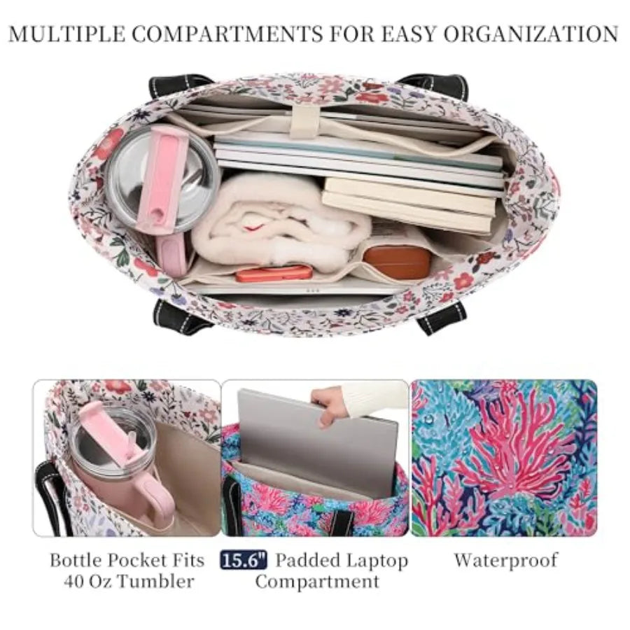 Tote Bag for Women with Laptop Compartment and Cup Holder, Nylon Bag for Work, Travel, Gym, Beach, Teacher, Nurse, School, Mom